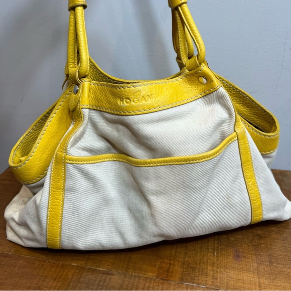 Hogan natural canvas and yellow leather handbag purse satchel - Picture 2 of 15